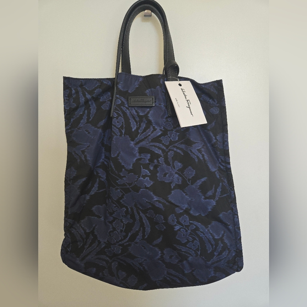 Salvatore Ferragamo Black and Blue Floral Tote Bag
